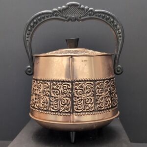 Ornate Vintage Copper Colored Decorative Footed Tea Caddy with Dark Handle
